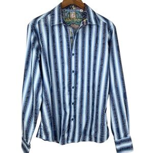 Robert Graham Blue Stripe Endless Lagoon Samurai Spirit Floral Flip Cuff Shirt M